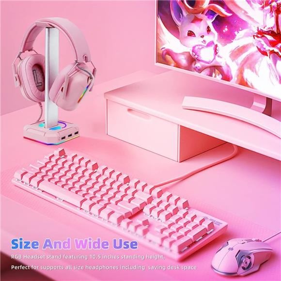 Pink Headphone Stand RGBLights Gaming Headset Holder with 3USB Port for Charging - Picture 4 of 6